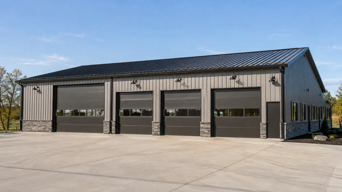 40x60 steel building and metal building exterior example for 40×60 Four Car Workshop Layout