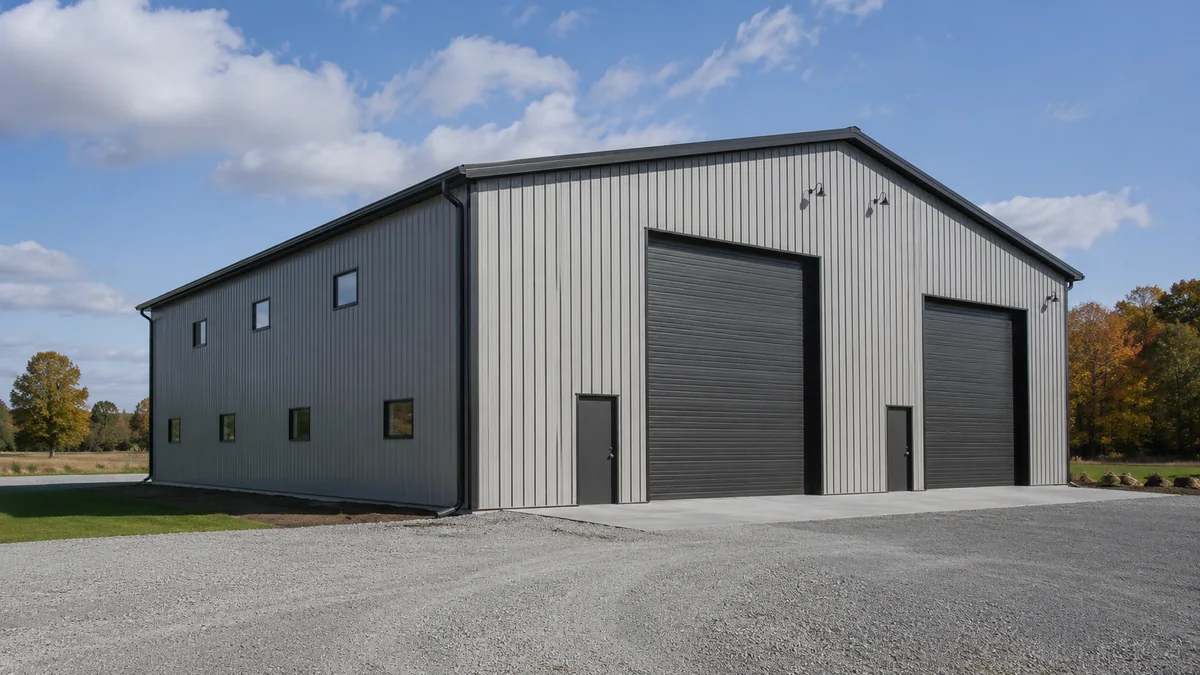 40x70 steel building and metal building exterior example for 40×70 Camper Van and Workshop Layout