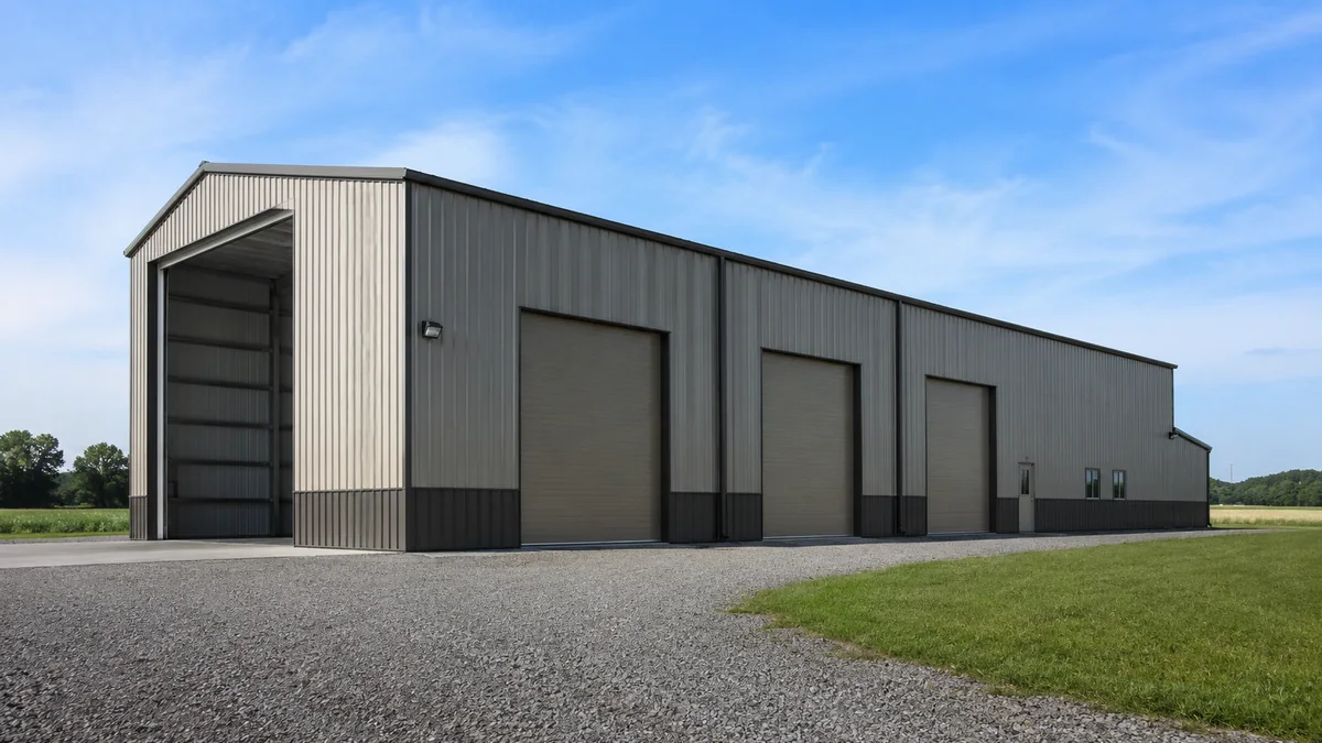 40x70 steel building and metal building exterior example for 40×70 Pull Through RV Layout