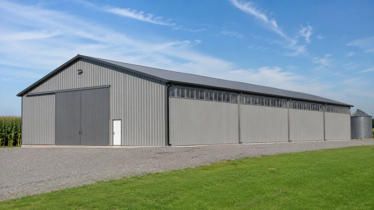 50x120 steel building and metal building exterior example for 50×120 Agricultural Shop Layout