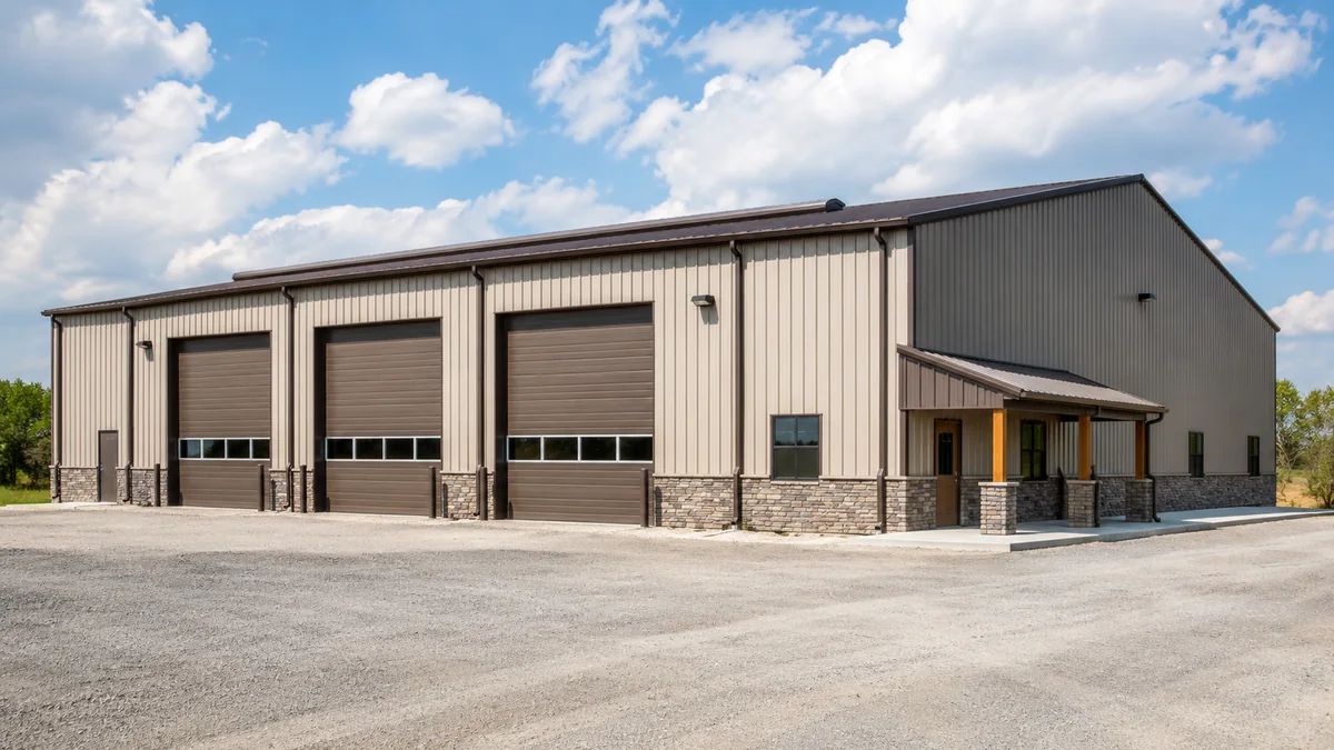 50x80 steel building and metal building exterior example for 50×80 Contractor Shop Layout