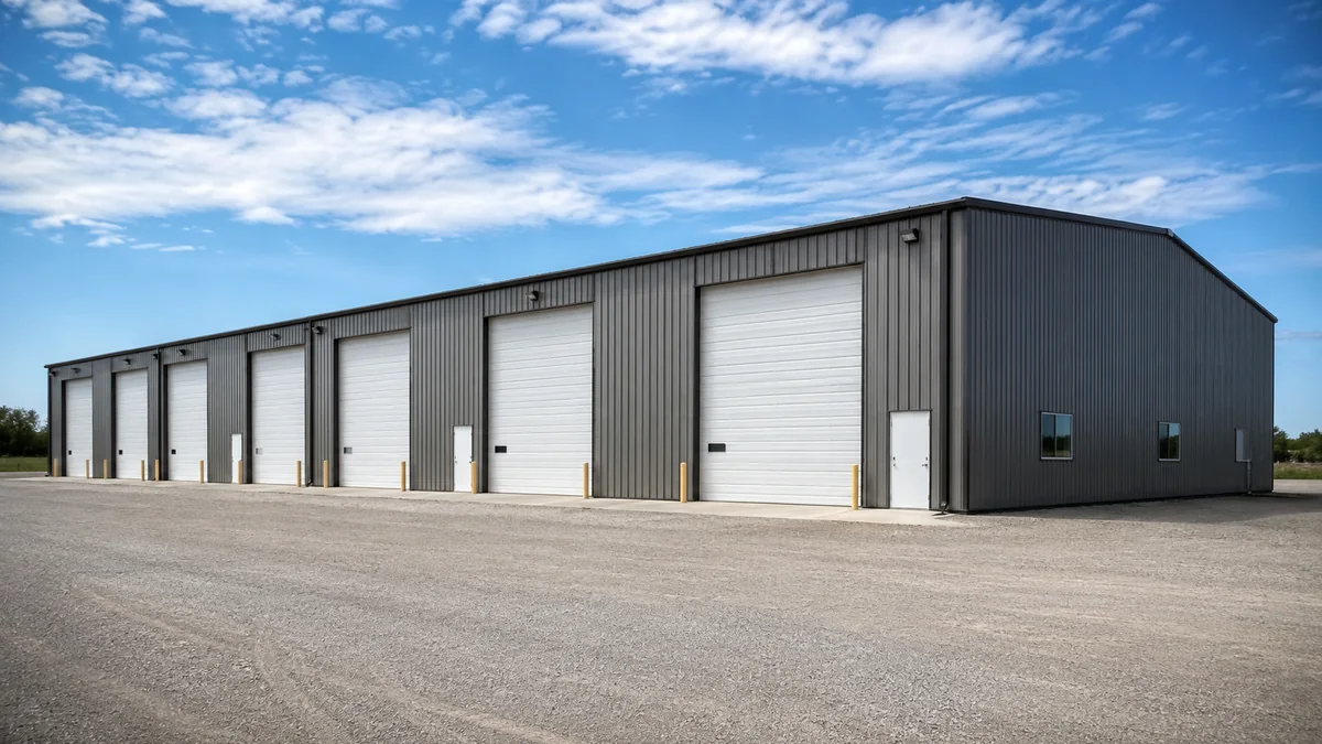 60x100 steel building and metal building exterior example for 60×100 Warehouse and Vehicle Storage Layout