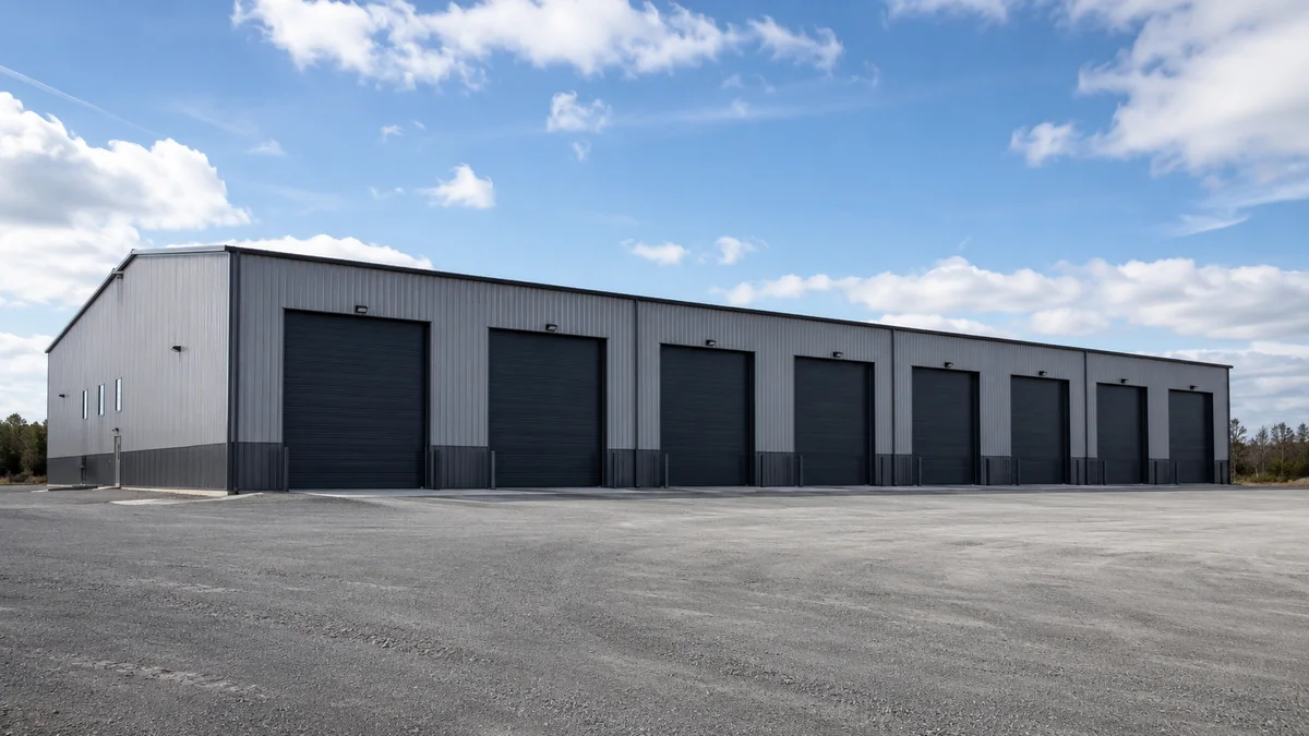 80x100 steel building and metal building exterior example for 80×100 Equipment and Fleet Layout