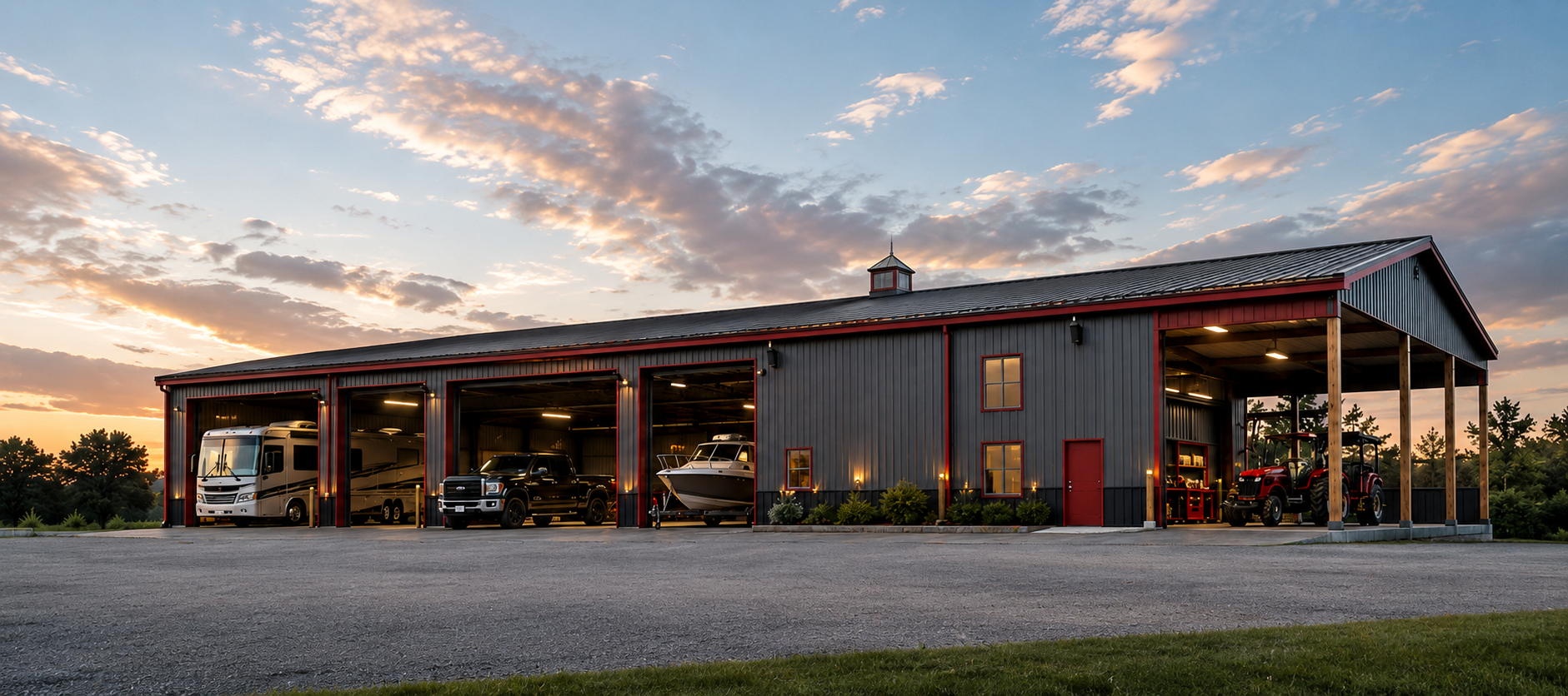Modern metal building with RV, truck, boat, garage bays and workshop space