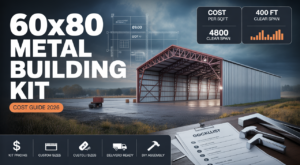 60x80 metal building kit infographic — SteelBuildingKit.com independent buyer's guide