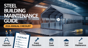 steel building maintenance guide infographic — SteelBuildingKit.com independent buyer's guide