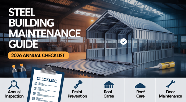 steel building maintenance guide infographic — SteelBuildingKit.com independent buyer's guide
