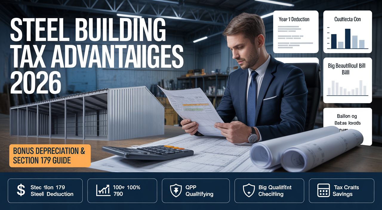 Steel building tax advantages 2026 infographic — SteelBuildingKit.com independent buyer's guide