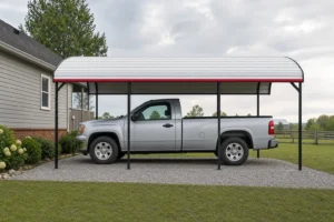 Compact 12x20 single metal carport with a rounded regular roof covering one pickup truck beside a house