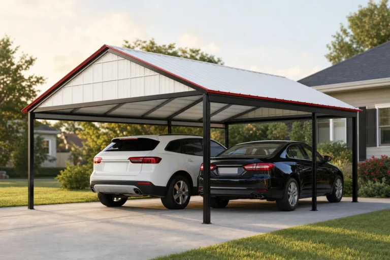 Two cars parked under a standard 18x21 two-car metal carport with a boxed-eave roof on a suburban driveway