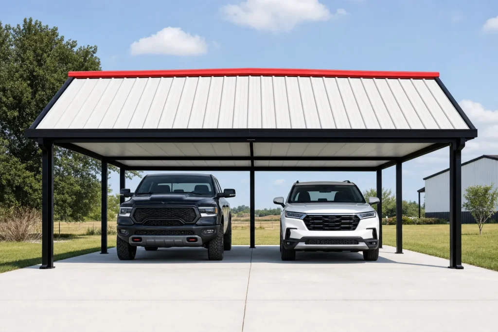 Square 20x20 metal carport with a vertical roof covering a truck and an SUV side by side on a concrete pad