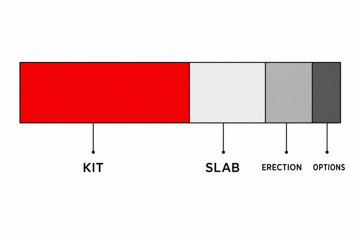 Stacked bar showing how a small metal building budget splits across kit, slab, erection, and options