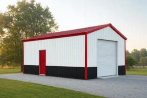 Small 20x30 steel metal building garage with white panels, black wainscot, red trim, and a gable-end roll-up door