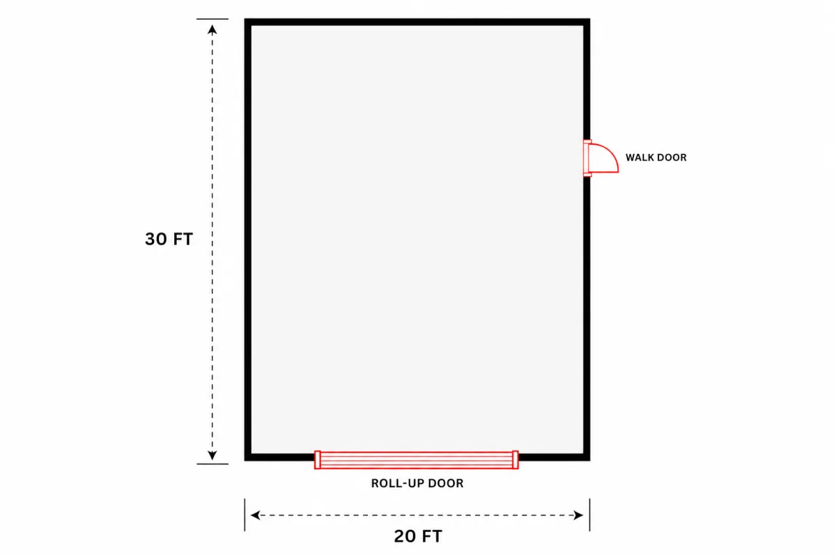 Floor plan of a 20x30 metal building with a gable-end roll-up door and side walk door
