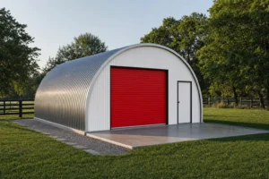 A 20x30 galvanized quonset hut with a white end wall and red roll-up door on a concrete slab