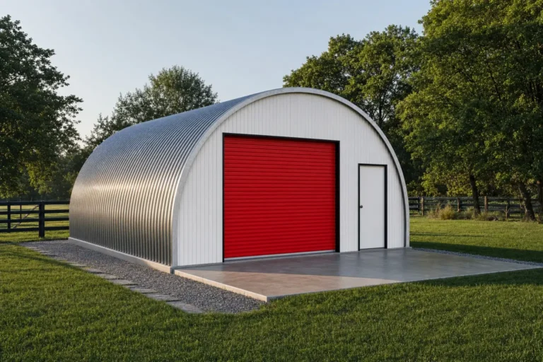 A 20x30 galvanized quonset hut with a white end wall and red roll-up door on a concrete slab