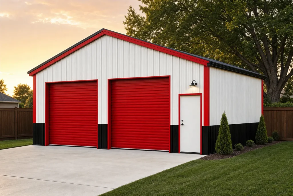 24x30 Metal Building Cost: Kit, Slab, Erection, and Options 21 24x30 metal building with two roll-up doors on the gable end in a suburban backyard at evening