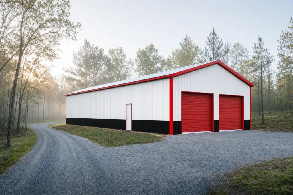 24x40 Metal Building Cost: Kit, Slab, Erection, and Options 18 Deep 24x40 metal building seen down its long sidewall on a misty wooded acreage at dawn