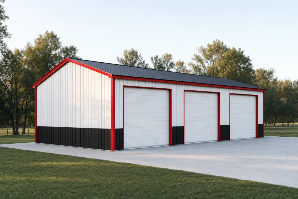 3-Car Metal Garage Cost: Size, Doors, Slab, and Installation 6 A 3-car metal garage with white panels, black wainscot, and three red-trimmed roll-up doors on the sidewall
