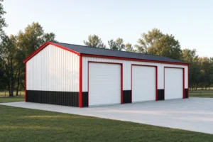 A 3-car metal garage with white panels, black wainscot, and three red-trimmed roll-up doors on the sidewall