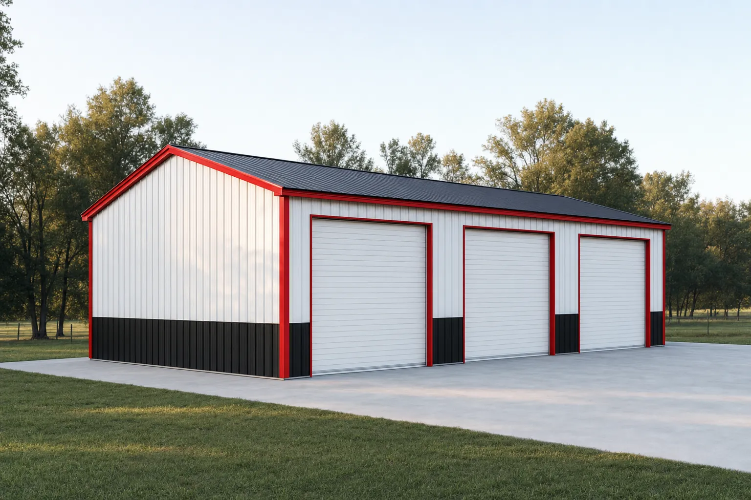 A 3-car metal garage with white panels, black wainscot, and three red-trimmed roll-up doors on the sidewall