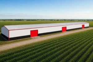 Long 30x100 agricultural metal building with three sidewall doors amid cropland from a drone angle