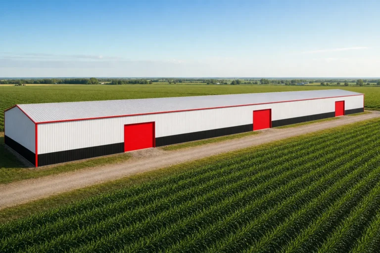 Long 30x100 agricultural metal building with three sidewall doors amid cropland from a drone angle