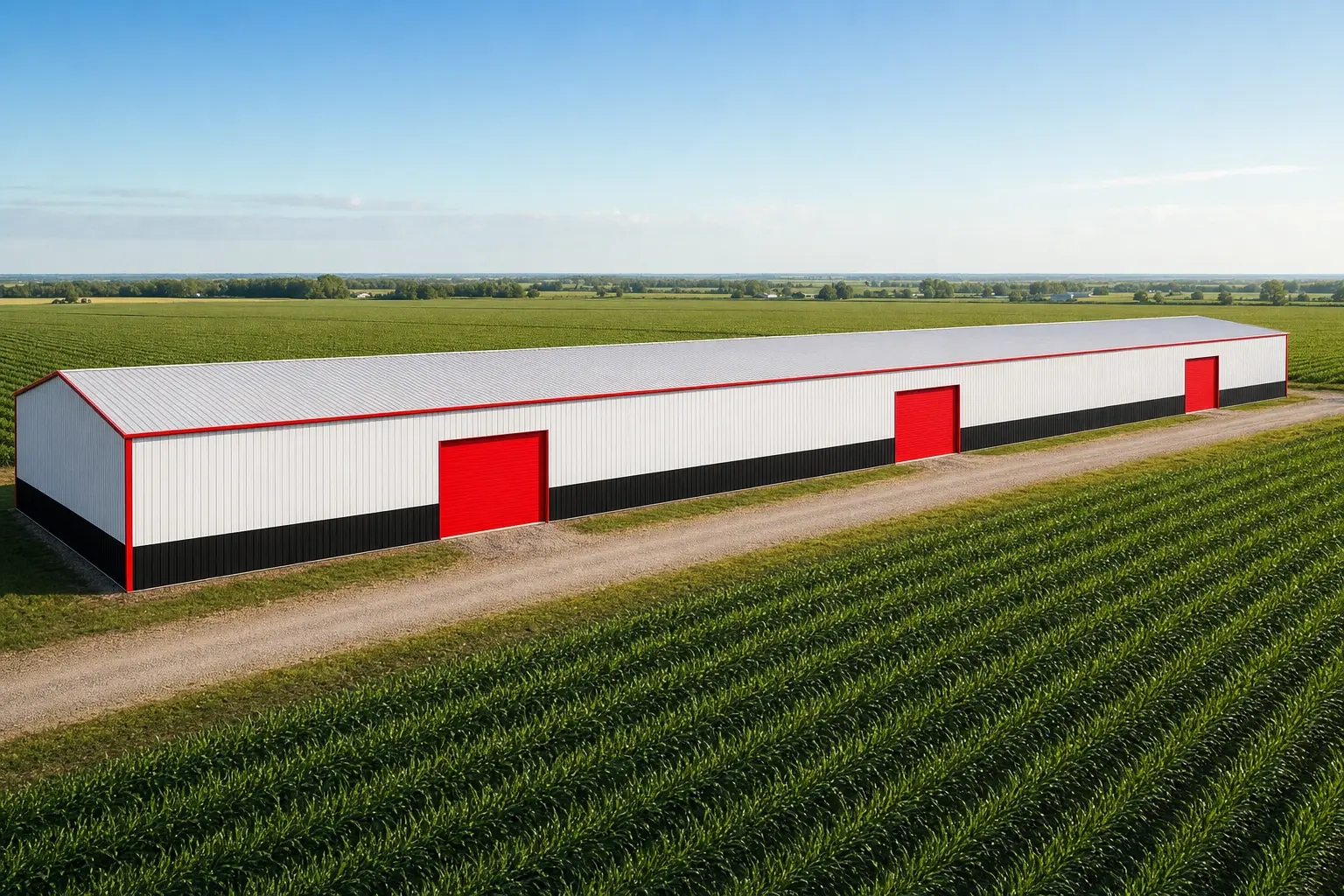 Long 30x100 agricultural metal building with three sidewall doors amid cropland from a drone angle