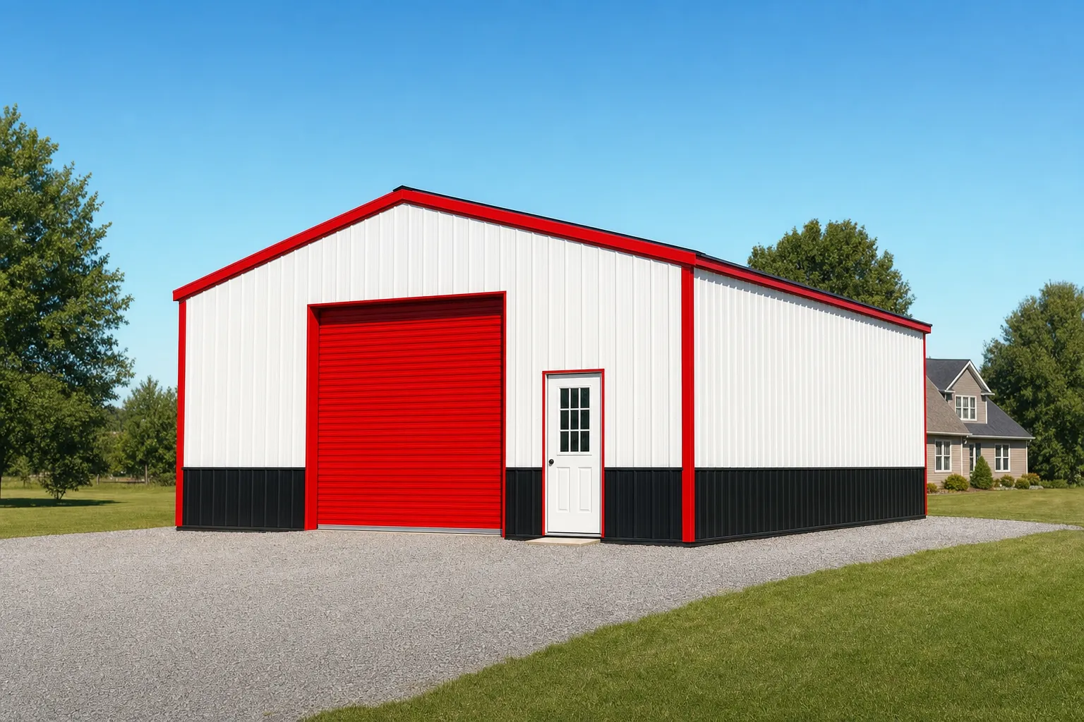 30x30 metal building with white panels, black wainscot, and red trim on a gravel drive in morning light