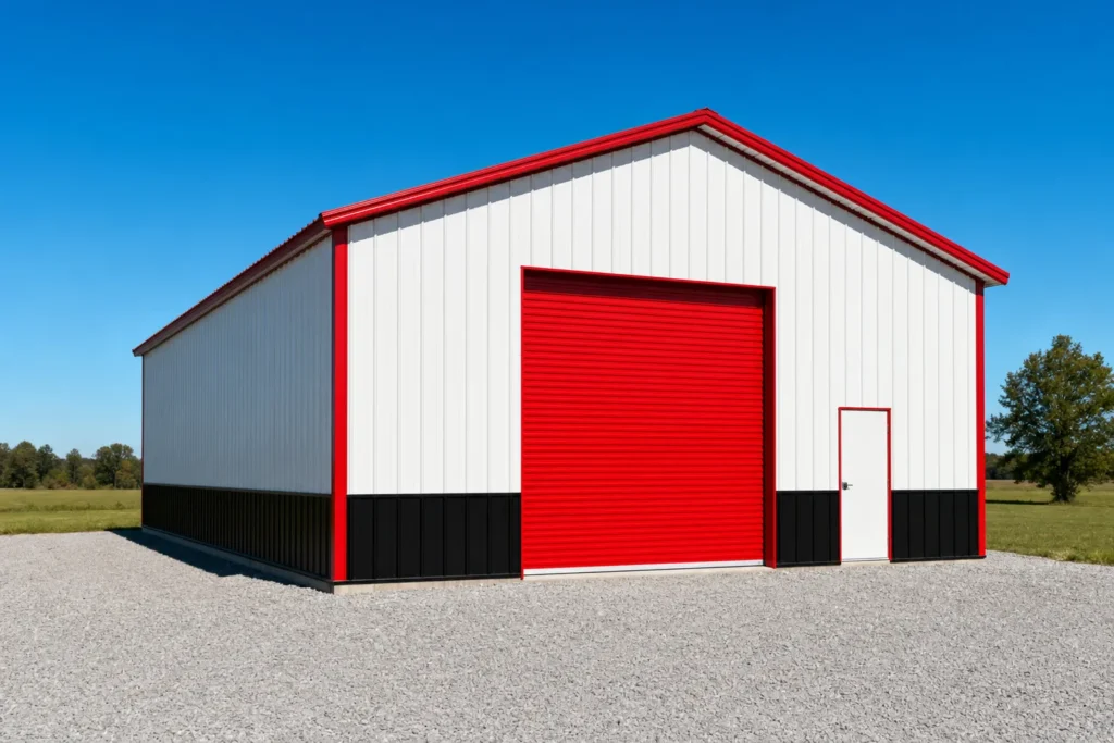 30x40 Metal Building Cost: Kit, Slab, Erection, and Options 15 30x40 metal building with a single roll-up door on a gravel pad under clear midday sky