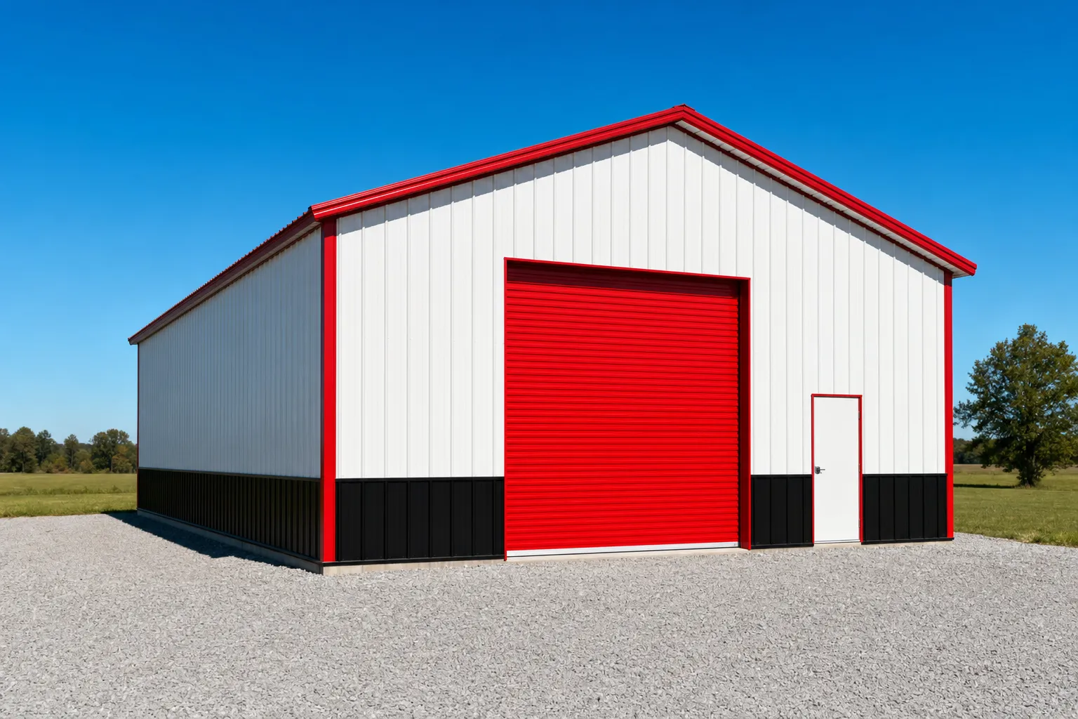 30x40 metal building with a single roll-up door on a gravel pad under clear midday sky