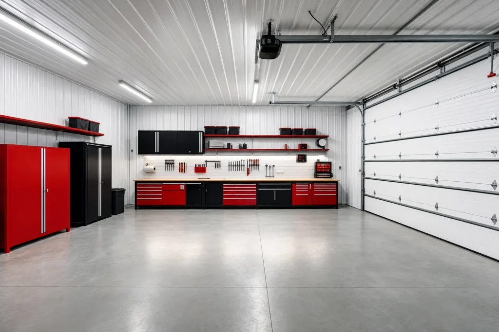 30x40 Metal Garage Layout Ideas: Bays, Storage, and Work Space 2 Empty organized interior of a 30x40 metal garage with workbench and red tool cabinets along the back wall