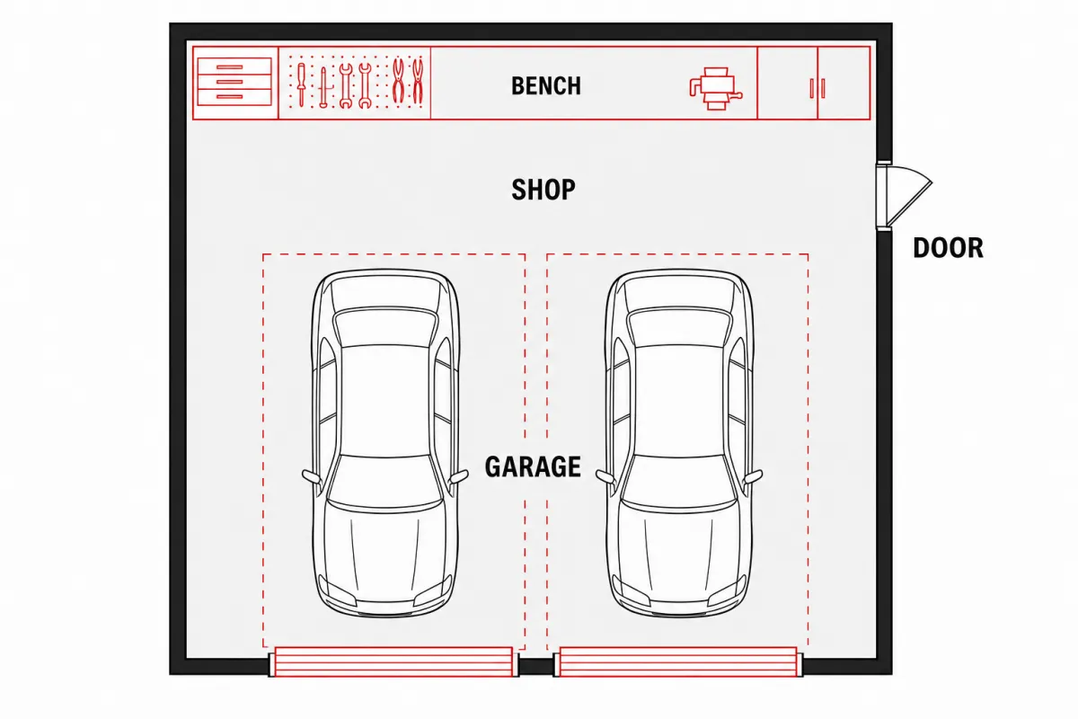 Top-down floor plan of a 30x40 metal garage showing parking bays, a workshop zone, and door placement
