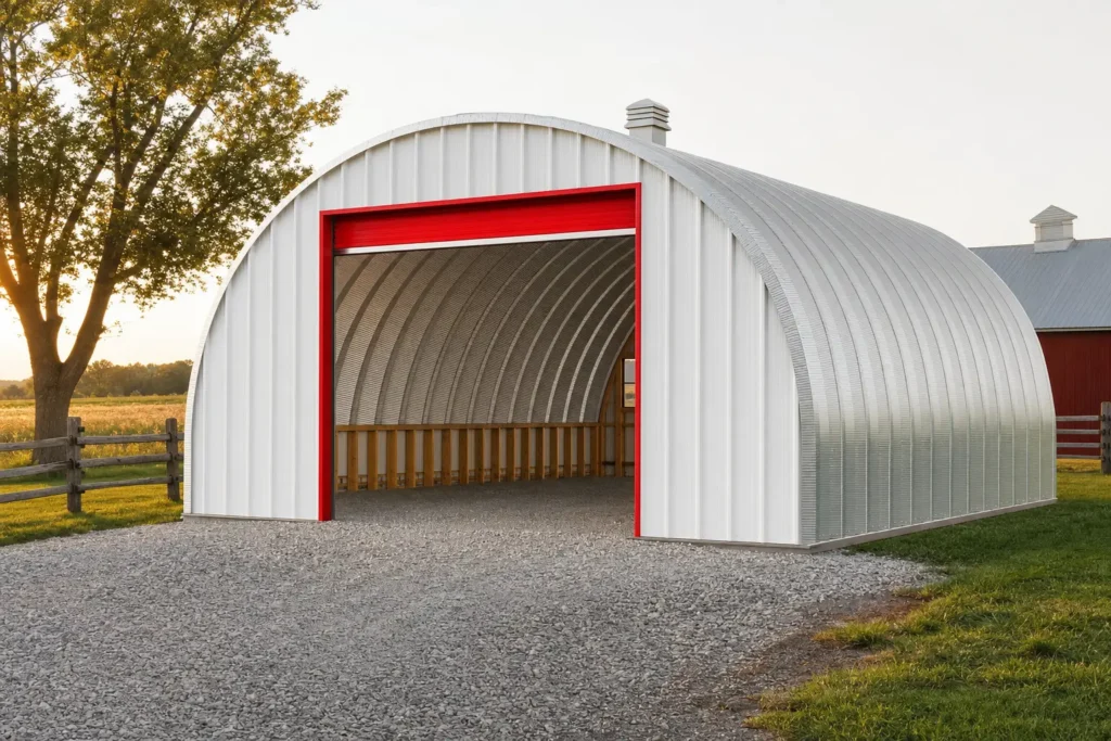 A 30x40 galvanized quonset hut with an open red roll-up door on a farmstead gravel drive