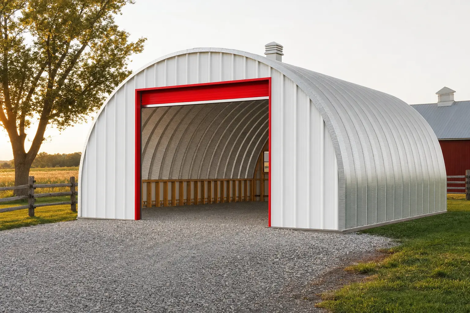 A 30x40 galvanized quonset hut with an open red roll-up door on a farmstead gravel drive