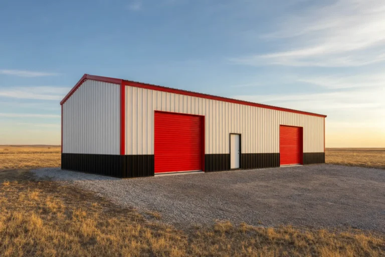 30x50 metal building with two sidewall roll-up doors on open prairie in raking evening light
