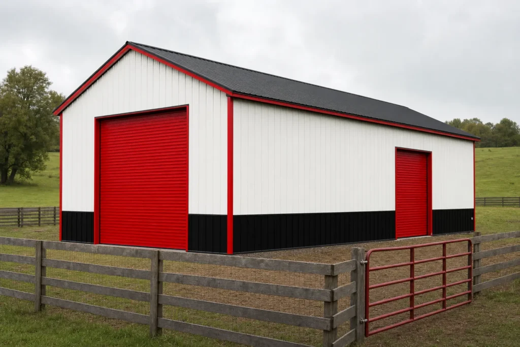 30x60 Metal Building Cost: Kit, Slab, Erection, and Options 9 30x60 metal building with end and sidewall roll-up doors beside a paddock on a hobby farm