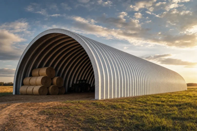 A long 30x60 quonset hut with an open end showing its clear-span interior on the prairie
