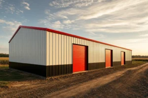 Long 30x80 metal building with three sidewall roll-up doors on a rural site in late afternoon light