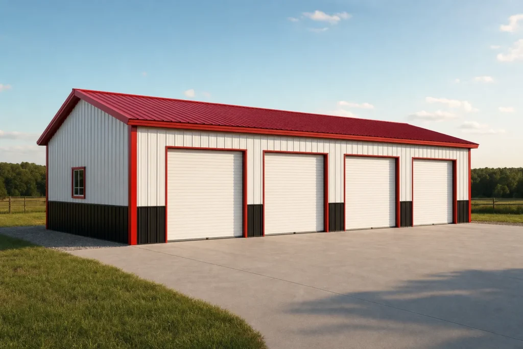 4-Car Metal Garage Cost: Size, Doors, Slab, and Installation 4 A wide 4-car metal garage with four roll-up doors across the front and red trim on white steel panels