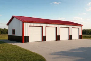 A wide 4-car metal garage with four roll-up doors across the front and red trim on white steel panels