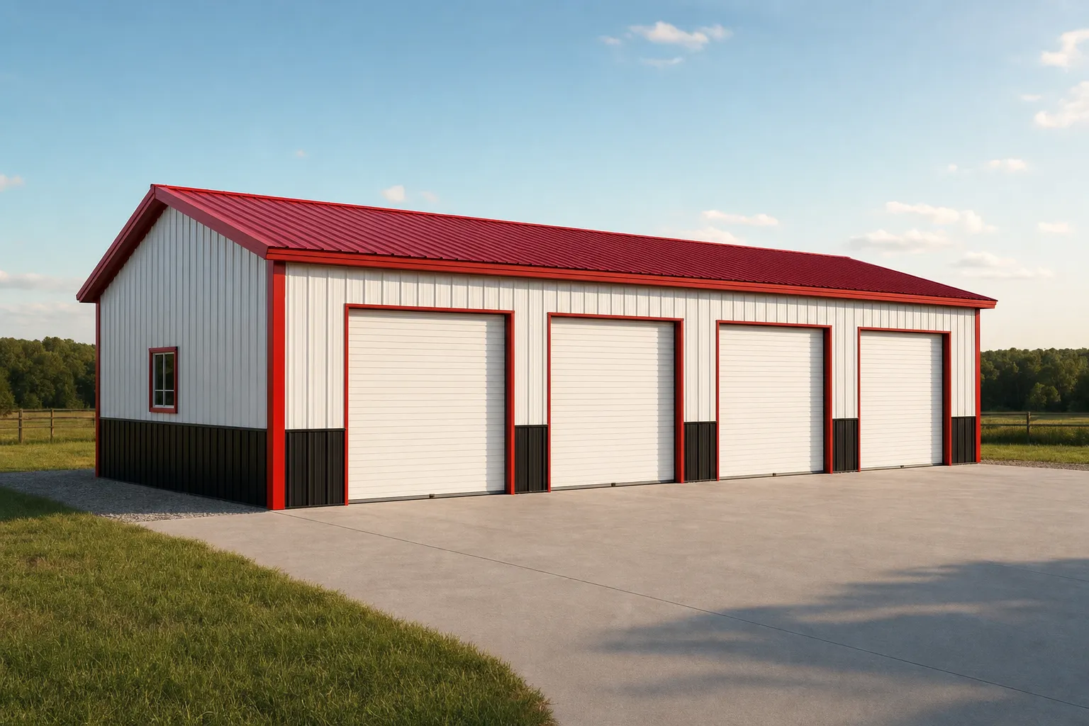 A wide 4-car metal garage with four roll-up doors across the front and red trim on white steel panels