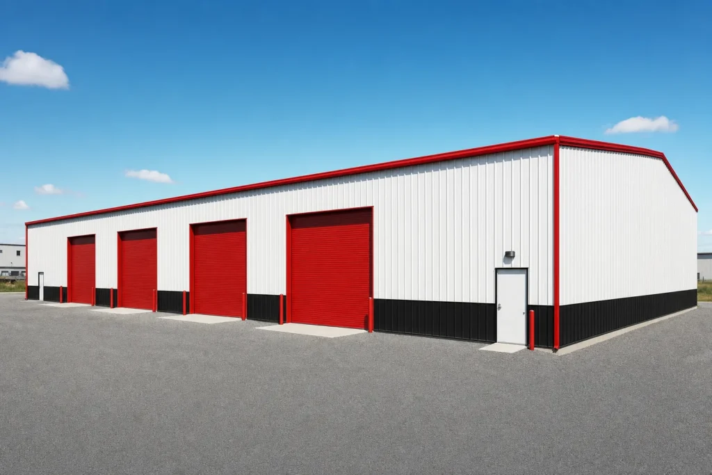 40x100 Metal Building Cost: Kit, Slab, Erection, and Options 9 Commercial 40x100 metal building with a row of sidewall roll-up doors and a gravel truck yard at midday