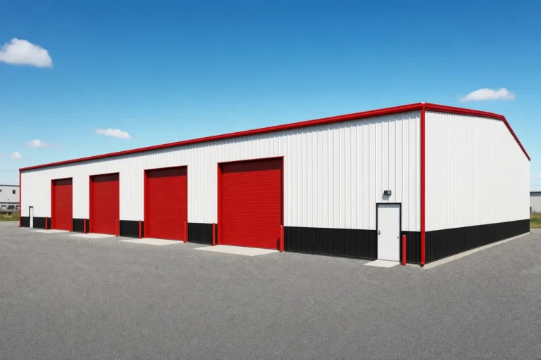 Commercial 40x100 metal building with a row of sidewall roll-up doors and a gravel truck yard at midday