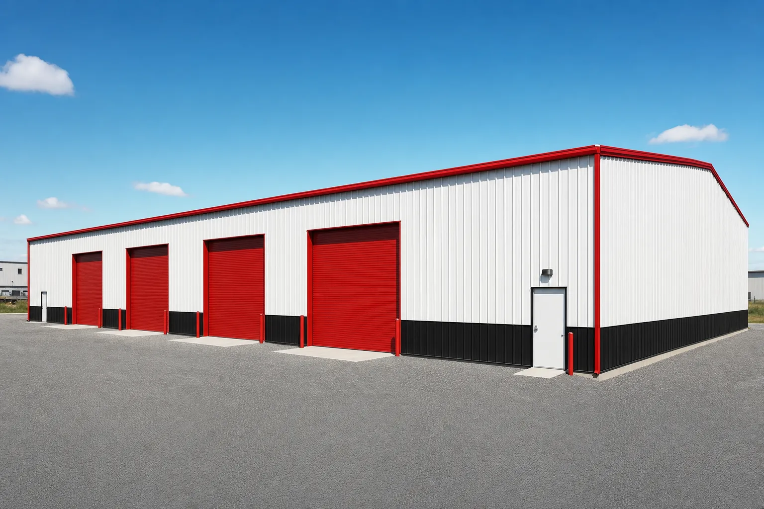 Commercial 40x100 metal building with a row of sidewall roll-up doors and a gravel truck yard at midday