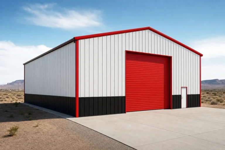 Square 40x40 metal shop building with a tall roll-up door and concrete apron in a southwestern setting