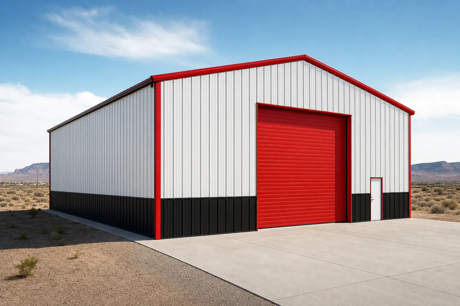 Square 40x40 metal shop building with a tall roll-up door and concrete apron in a southwestern setting