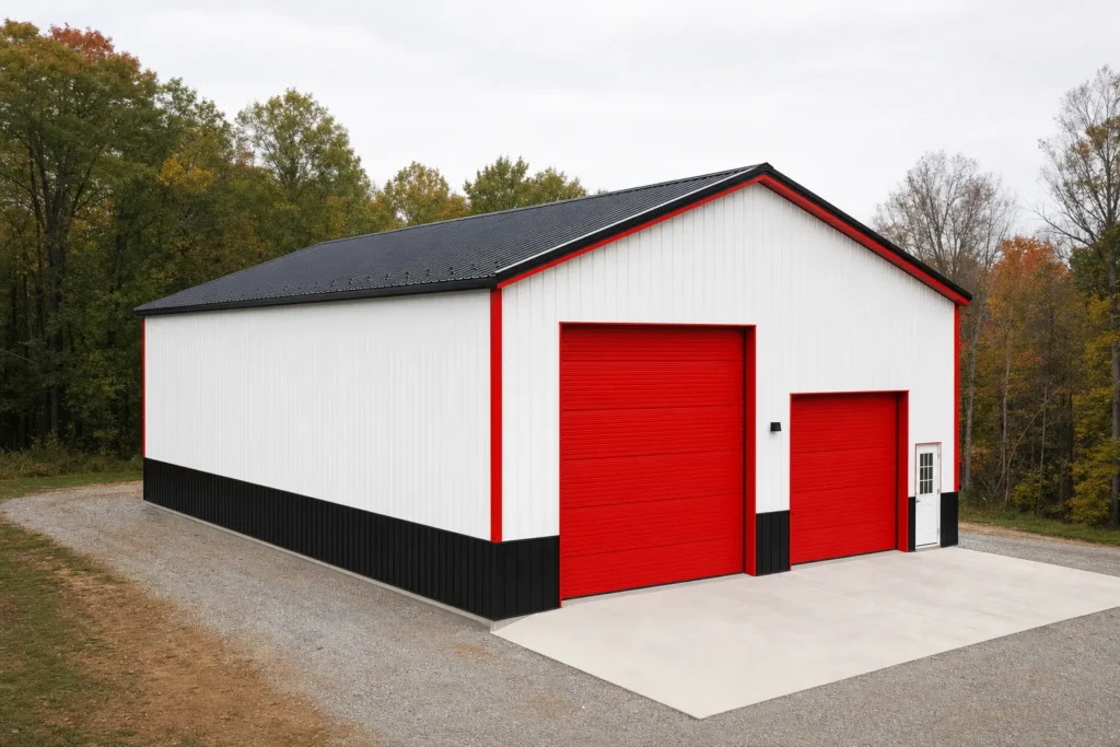 40x50 Metal Building Cost: Kit, Slab, Erection, and Options 13 40x50 metal workshop building with two roll-up doors and a concrete apron under soft overcast light