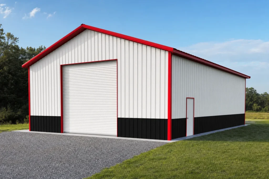 40x60 Metal Building Cost: Kit, Slab, Erection, and Options 27 Completed 40x60 metal building with white panels, black wainscot, and red trim on a new concrete slab