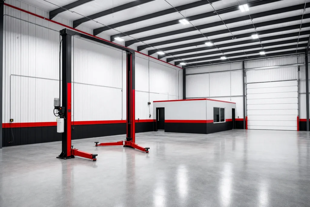 Empty 40x60 metal shop interior with a two-post lift bay under bright LED lighting